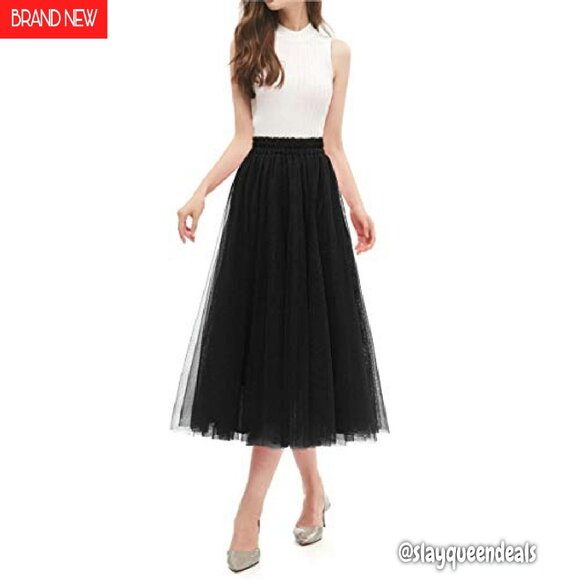 Women's A-Line Tulle Skirt Tea Length Elastic Waist Party Evening - Picture 5 of 8